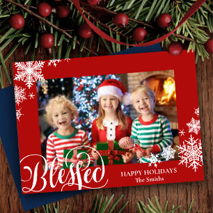 Festive Red Snowflakes Modern Script Simple Photo Holiday Card