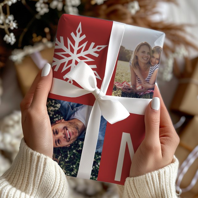 Festive Red Snowflakes Photo Collage Christmas Wrapping Paper (Creator Uploaded)