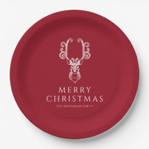 Festive Red Stag Merry Christmas Paper Plate