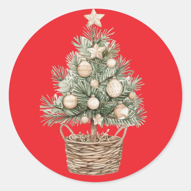 Festive Red Sticker with Rustic Christmas Tree (Front)
