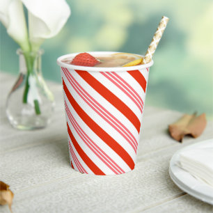 Festive Red Strawberry Candy Cane Stripe Christmas Paper Cups