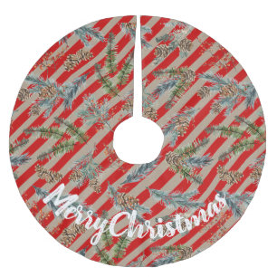 Festive Red Stripe Pine Spruce Cones Kraft Holiday Brushed Polyester Tree Skirt