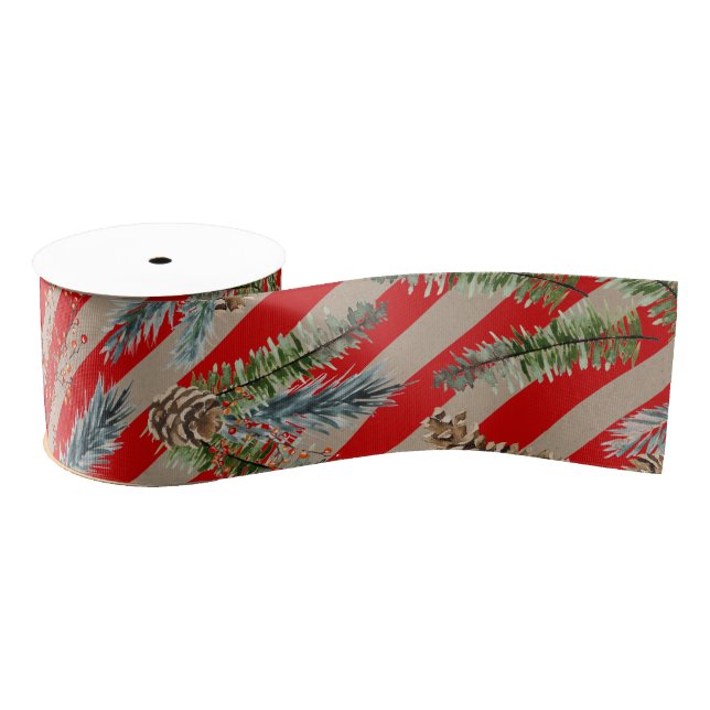 Festive Red Stripe Pine Spruce Cones Kraft Holiday Grosgrain Ribbon (Spool)