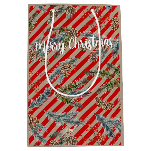 Festive Red Stripe Pine Spruce Cones Kraft Holiday Medium Gift Bag (Front)