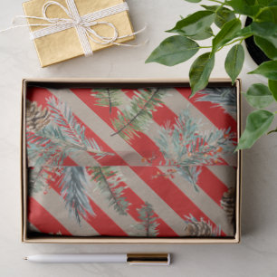 Festive Red Stripe Pine Spruce Cones Kraft Holiday Tissue Paper
