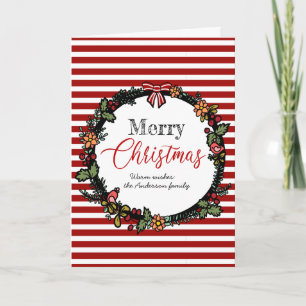 Festive Red Stripes Holly Wreath Merry Christmas  Card