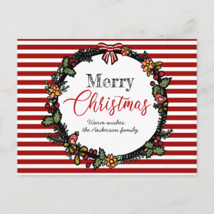 Festive Red Stripes Holly Wreath Merry Christmas Postcard