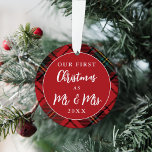 Festive Red Tartan Newlyweds First Christmas Photo Ornament<br><div class="desc">This holiday photo ornament features a festive red tartan pattern and text that says "Our first Christmas as Mr. & Mrs." with the year. The reverse side accommodates a one photo. A wonderful gift for any newlyweds!</div>