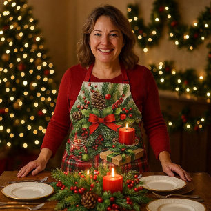 Festive Red Tartan & Pine Christmas  Apron