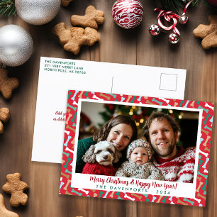Festive Red & Teal Dog Bones Pattern Family Photo Holiday Postcard