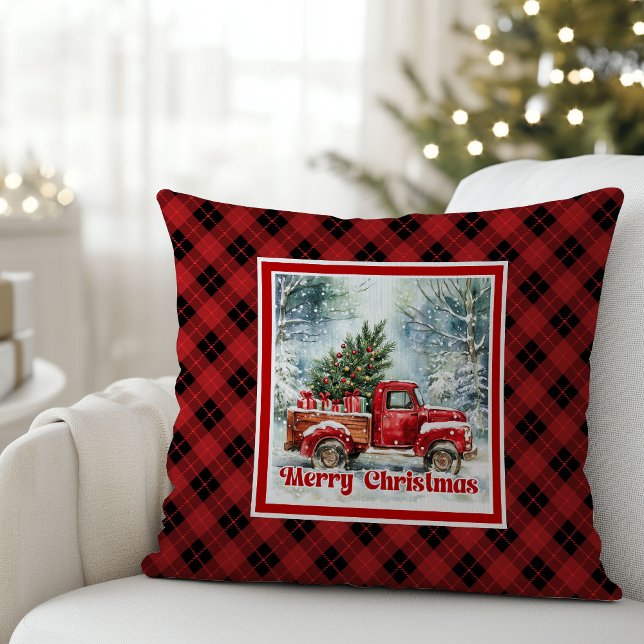 Festive red truck Christmas scene rustic bold  Cushion (Festive red truck Christmas scene rustic bold pillow tag

)