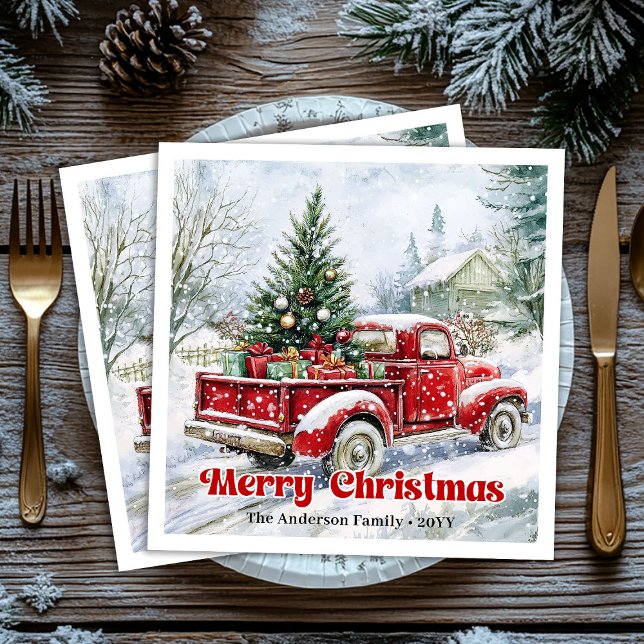 Festive red truck Christmas scene rustic table  Napkin (Festive red truck Christmas scene rustic table Paper Dinner Napkins)
