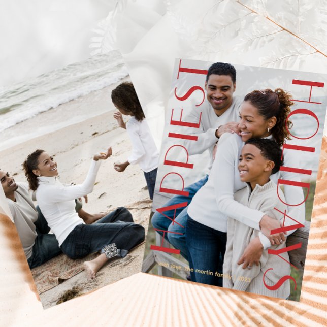 Festive Red Two Photo Happiest Holidays Holiday Card (Creator Uploaded)
