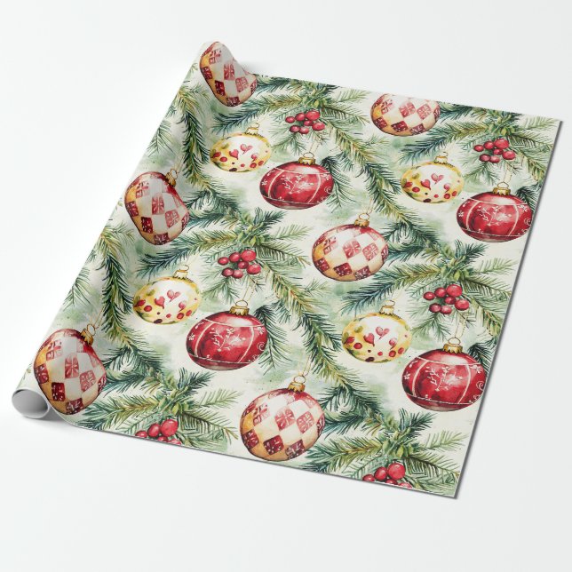 Festive Red Vintage Christmas Ornaments Wrapping Paper (Unrolled)