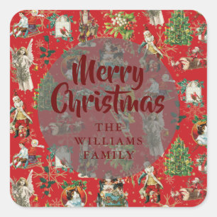 Festive Red Vintage Merry Christmas Family Name Square Sticker