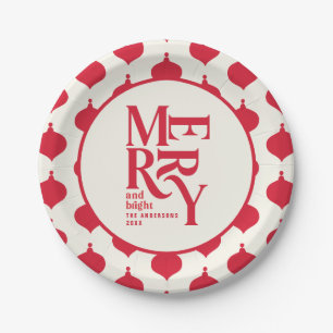 Festive red vintage merry chritsmas holiday party paper plate