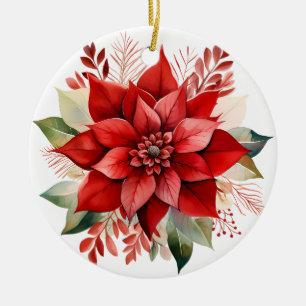 Festive Red Watercolor Christmas Poinsettia Ceramic Tree Decoration