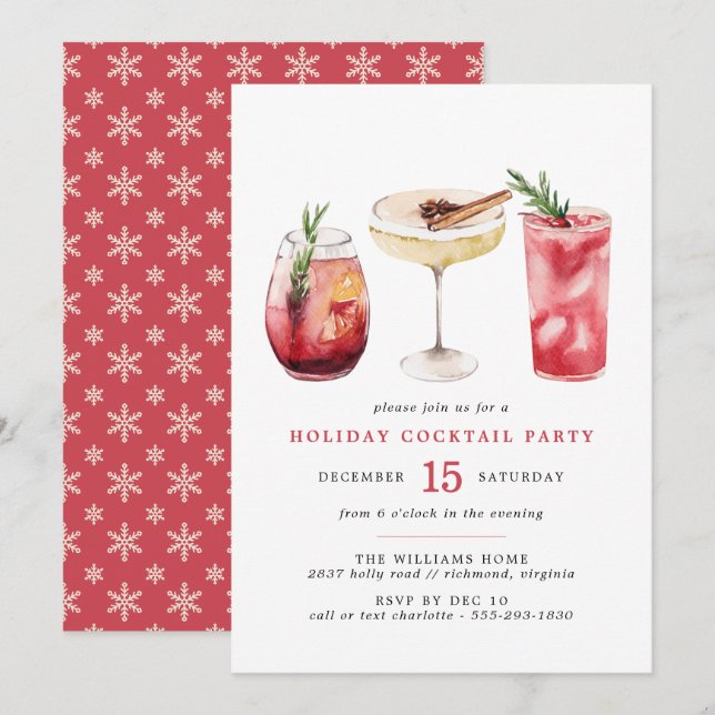Festive Red | Watercolor Holiday Cocktail Party Invitation (Front/Back)