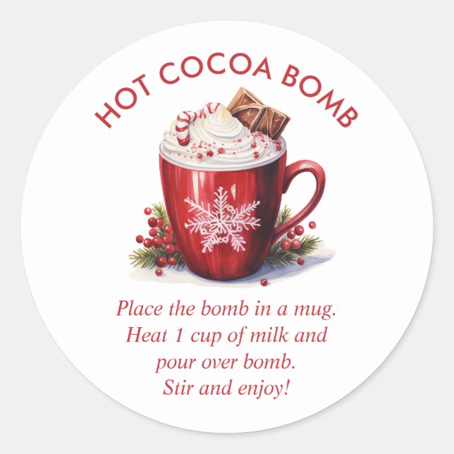 Festive Red Watercolor Hot Cocoa Bomb Classic Round Sticker (Front)