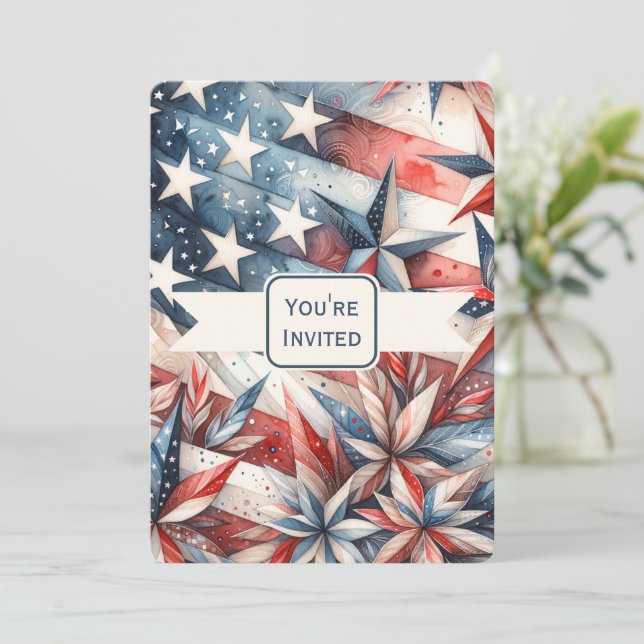 Festive Red White and Blue Party Invitation (Standing Front)