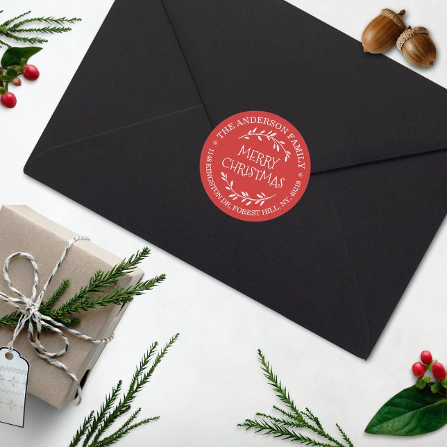 Festive Red & White Custom Return Address Classic Round Sticker (Creator Uploaded)