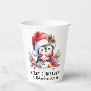 Festive Red White Cute Penguin Merry Christmas Paper Cups