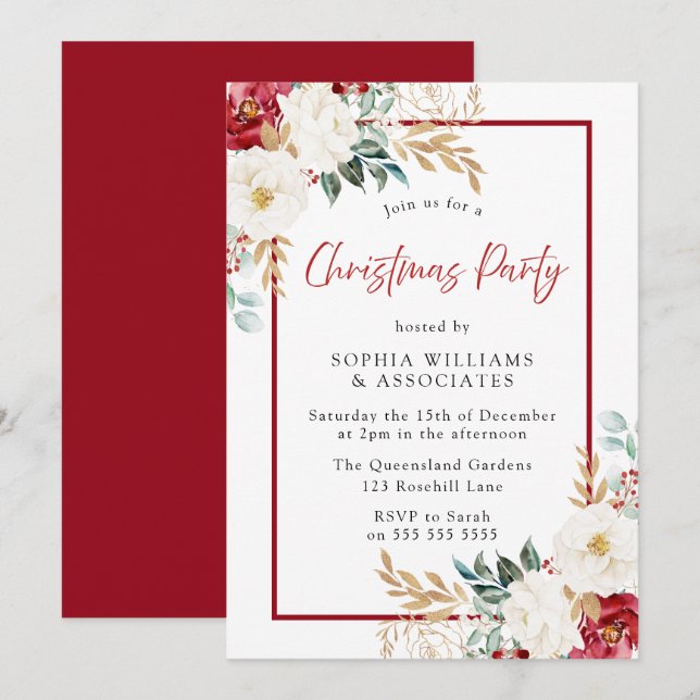 Festive Red White Floral Christmas Party Invitation (Front/Back)