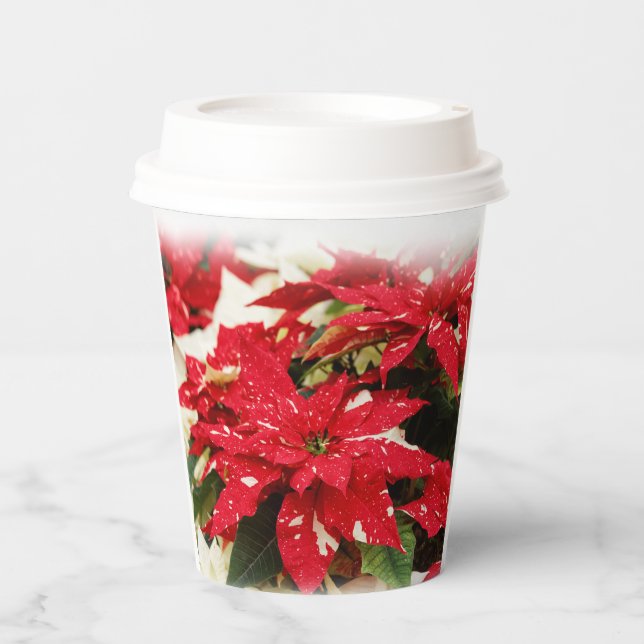 Festive Red White Floral Christmas Poinsettias Paper Cups (Front)