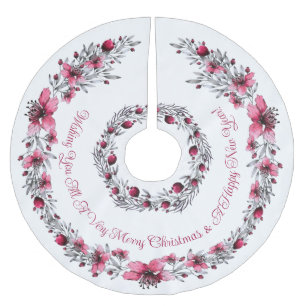 Festive, Red, White, Floral, Merry Christmas Brushed Polyester Tree Skirt