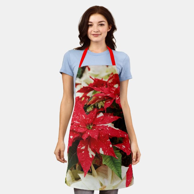 Festive Red White Floral Poinsettia Flowers Apron (Worn)