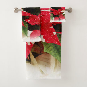 Festive Red White Floral Poinsettia Flowers Bath Towel Set