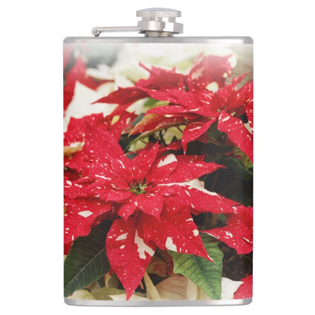 Festive Red White Floral Poinsettia Flowers Hip Flask (Front)