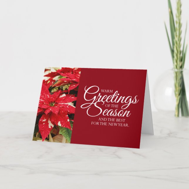 Festive Red White Floral Poinsettia Flowers Holiday Card (Front)