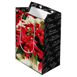 Festive Red White Floral Poinsettia Flowers Medium Gift Bag