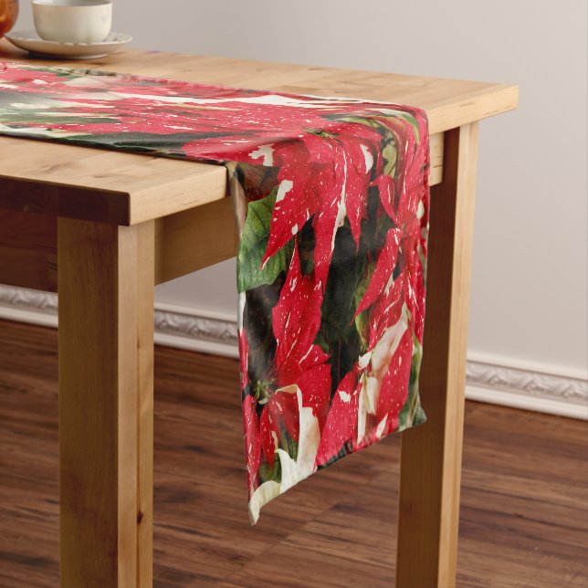 Festive Red White Floral Poinsettia Flowers Short Table Runner (In Situ)