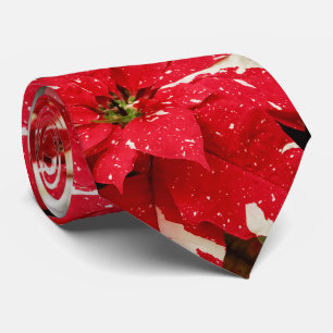 Festive Red White Floral Poinsettia Flowers Tie