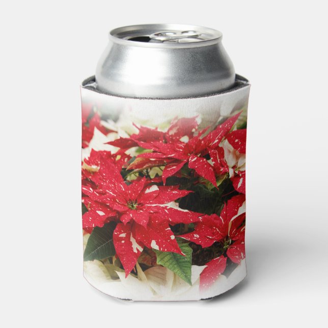 Festive Red White Floral Poinsettias Can Cooler (Can Front)