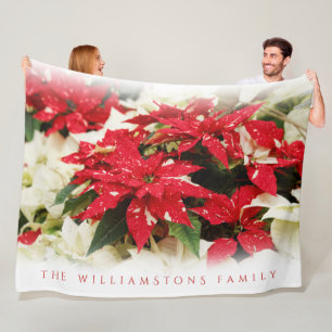Festive Red White Floral Poinsettias Fleece Blanket