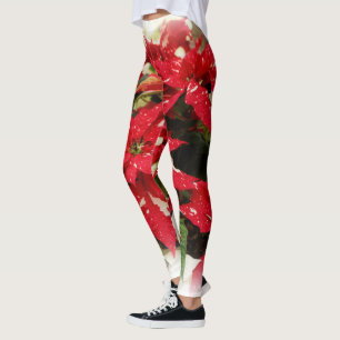 Festive Red White Floral Poinsettias Leggings
