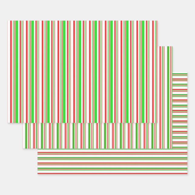 Festive Red, White, Green Christmas Style Lines Wrapping Paper Sheet (Set)
