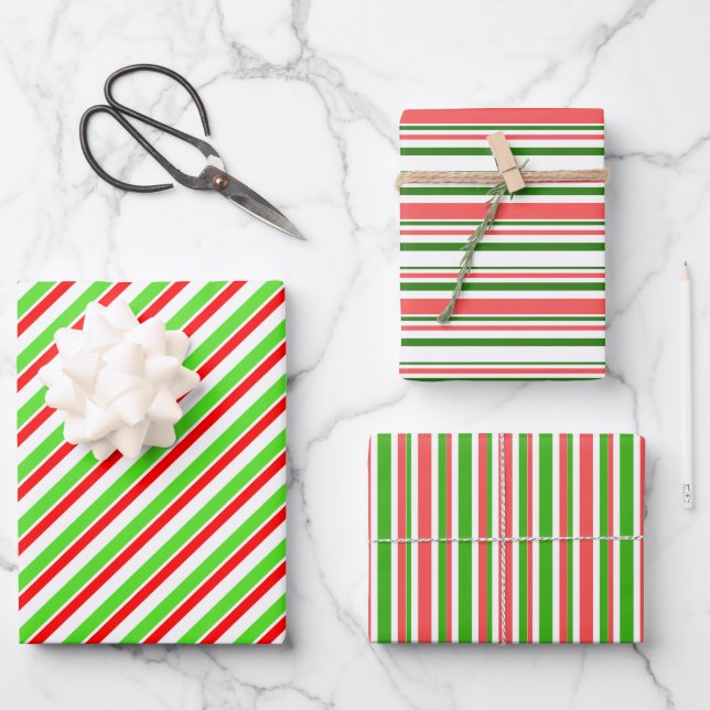 Festive Red, White, Green Christmas Style Stripes Wrapping Paper Sheet (Front)