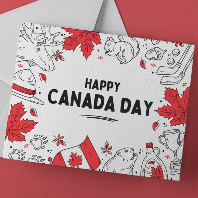 Festive Red-White Illustrative Canadian Symbols Holiday Postcard (Creator Uploaded)
