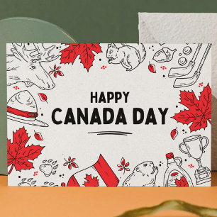 Festive Red-White Illustrative Canadian Symbols Postcard