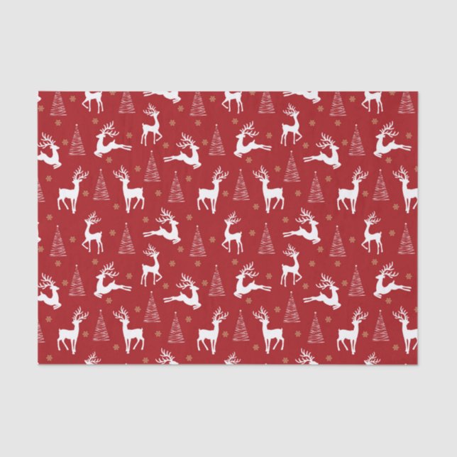 Festive Red White Reindeer Christmas Tree Holiday  Tissue Paper (Front)