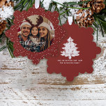 Festive Red White Snow Merry Christmas Photo Tree Decoration Card<br><div class="desc">Your favourite family photo against a festive red with a flurry of white snow background pattern.  Merry Christmas in a modern calligraphy script just the touch for a unique gift and keepsake for all your best wishes during this holiday season.</div>