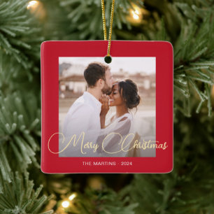 Festive Red Winter Deer Photo Christmas Ceramic Ornament