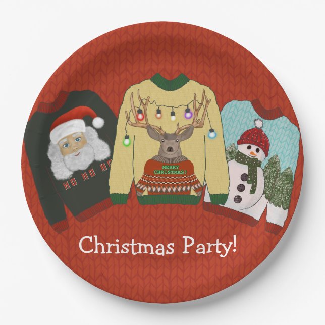 Festive Red Wool Ugly Sweater Christmas Party Paper Plate (Front)