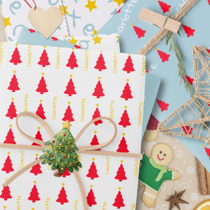 Festive Red Yellow Trees Stars Kids Christmas Wrapping Paper Sheet