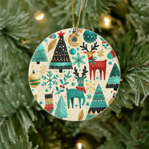 Festive Reindeer and Christmas Trees Ceramic Tree Decoration