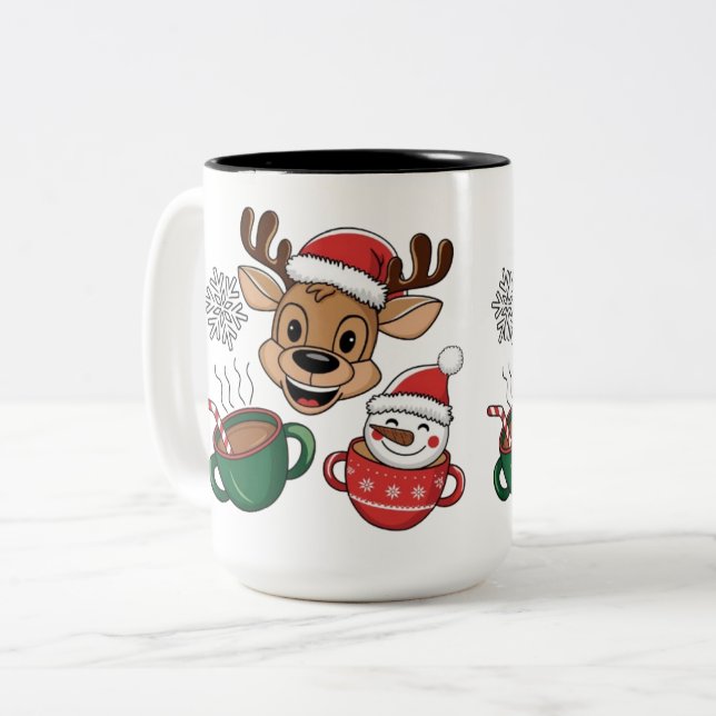 Festive Reindeer and Snowman Holiday Mug (Front Left)